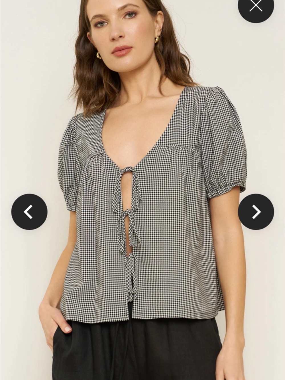 NWT Whimsy+Row Birdie Gingham Tie-Front Puff Sleeve Top - Black/White